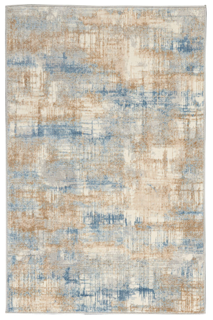 Rectangular abstract area rug in beige, tan and blue with painterly brushstroke patterns.