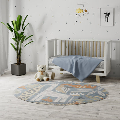 4' round pastel kids rug in a modern nursery, with a white slatted crib, light blue blanket, teddy bear and a potted plant.