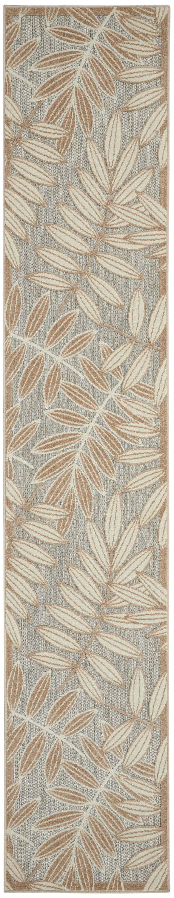 Narrow woven runner rug with beige leaf pattern on gray background and tan border