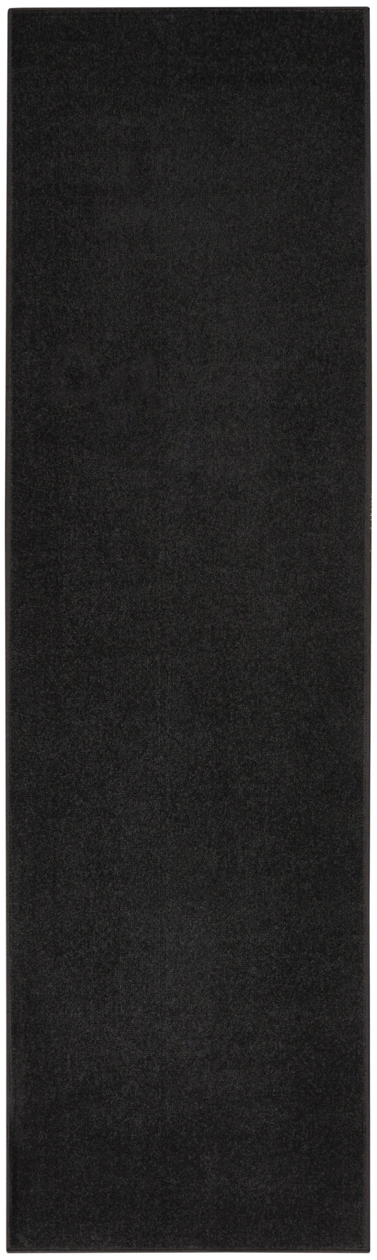 Long black rectangular outdoor runner rug with a dense felt-like pile.