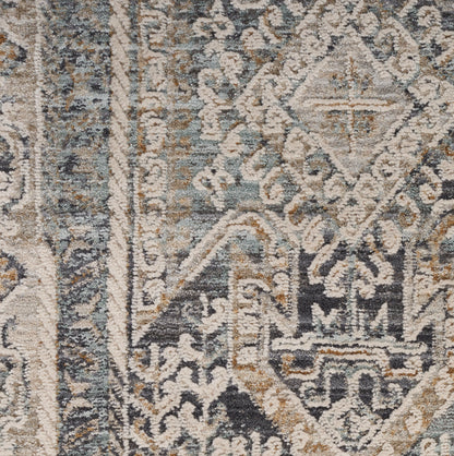 Grey & beige oriental rug with intricate damask floral medallion pattern; vintage-inspired woven living room rug.