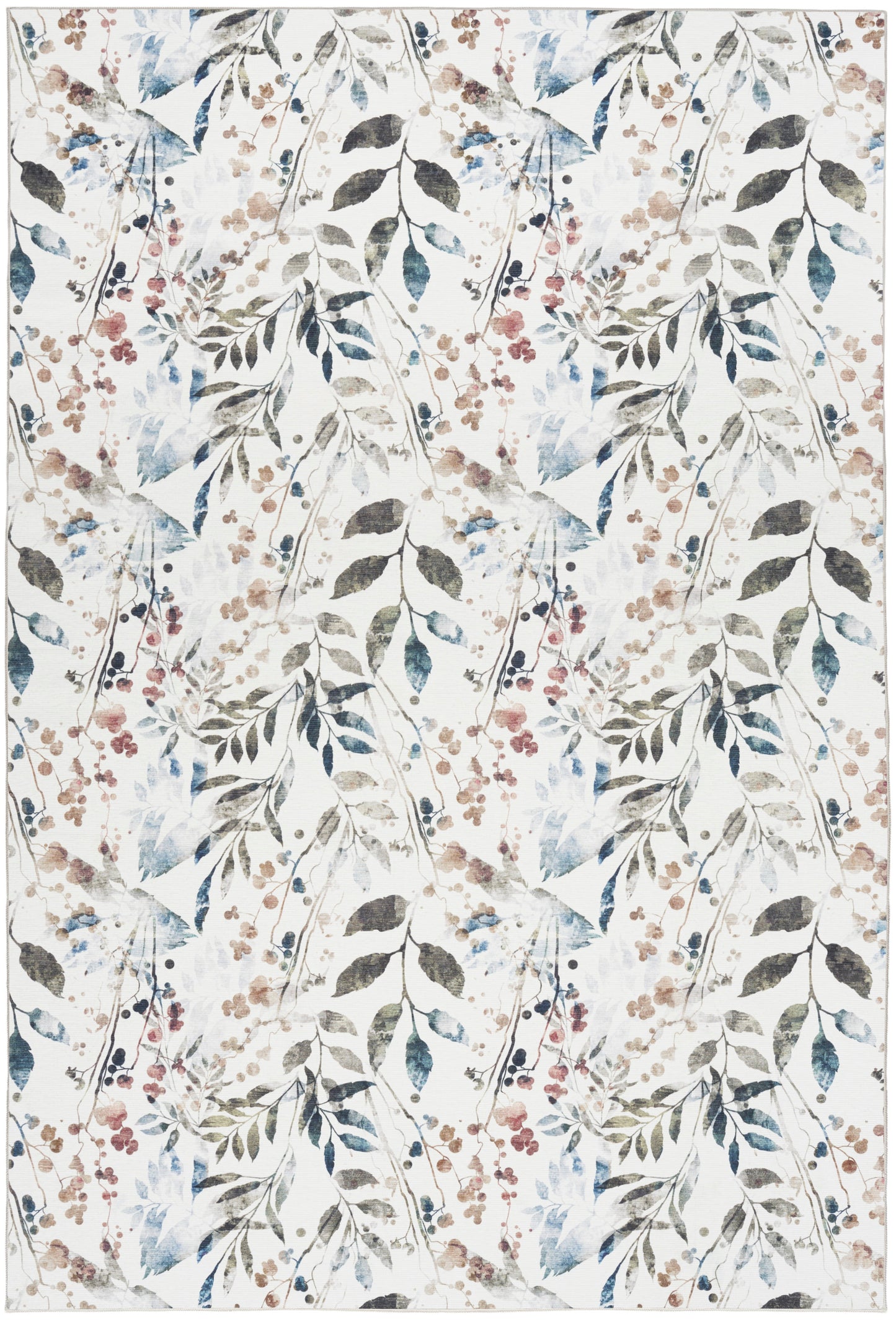 Watercolor botanical print with blue-green leaves and pink berries on ivory background; repeating fabric & wallpaper pattern.