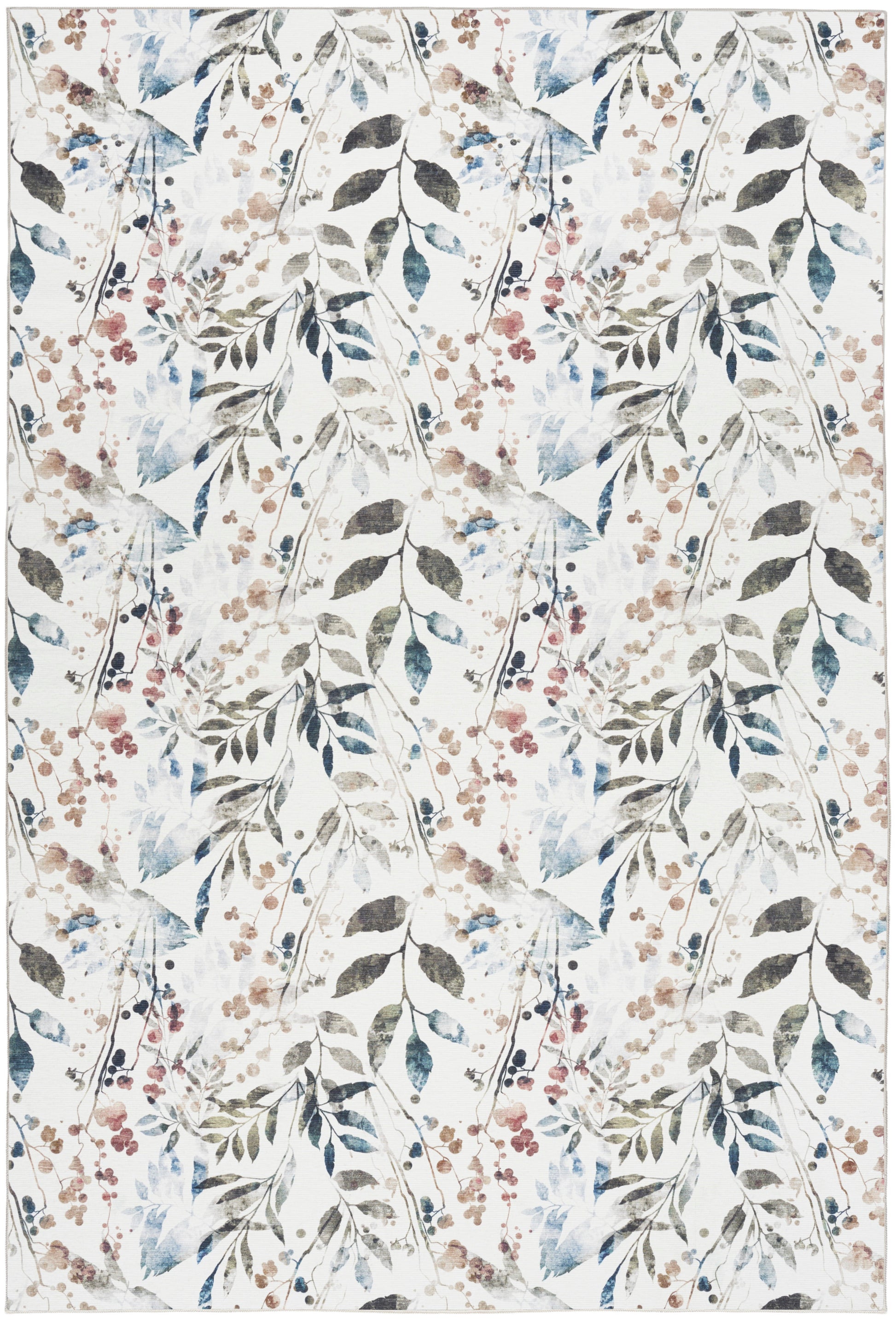 Watercolor botanical print with blue-green leaves and pink berries on ivory background; repeating fabric & wallpaper pattern.