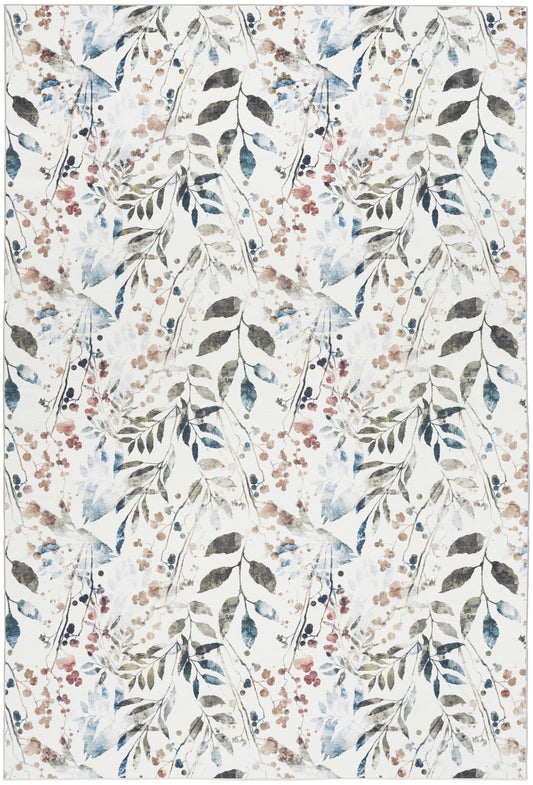 Watercolor botanical print with blue-green leaves and pink berries on ivory background; repeating fabric & wallpaper pattern.