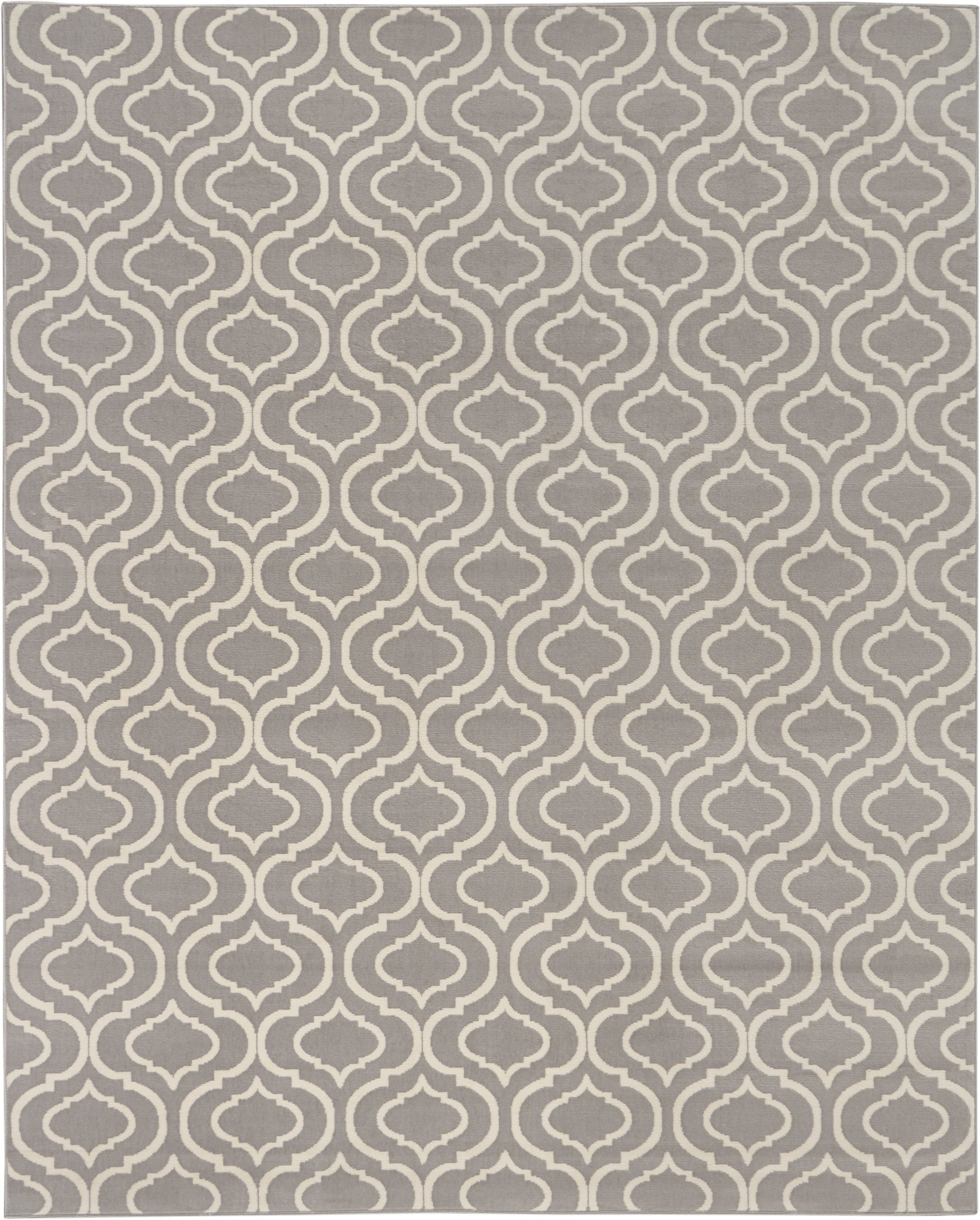 Gray rug with cream arabesque trellis pattern, rectangular area rug for living room decor.