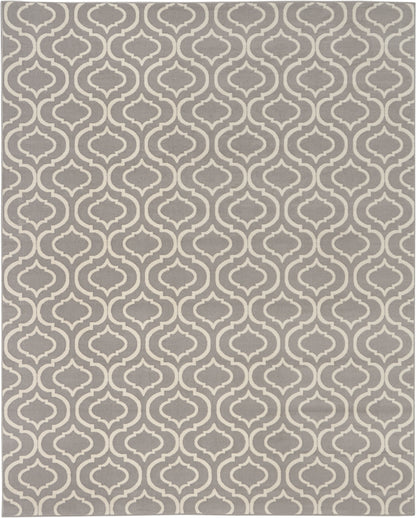 Gray rug with cream arabesque trellis pattern, rectangular area rug for living room decor.