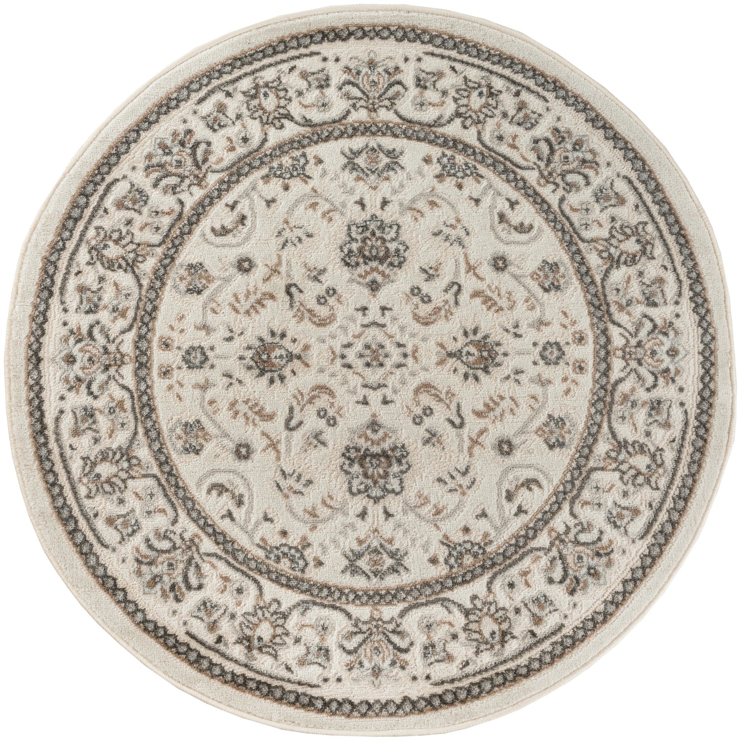 Round beige oriental rug with ornate gray floral medallion center and decorative border.
