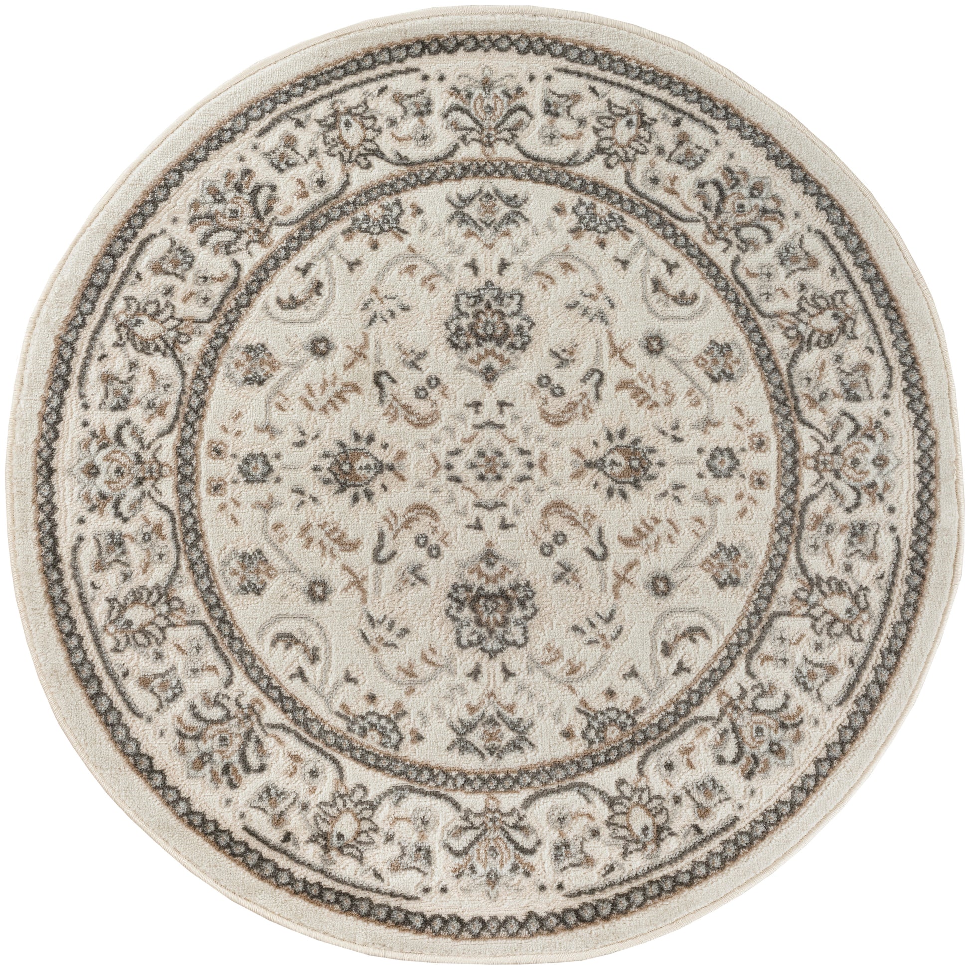 Round beige oriental rug with ornate gray floral medallion center and decorative border.