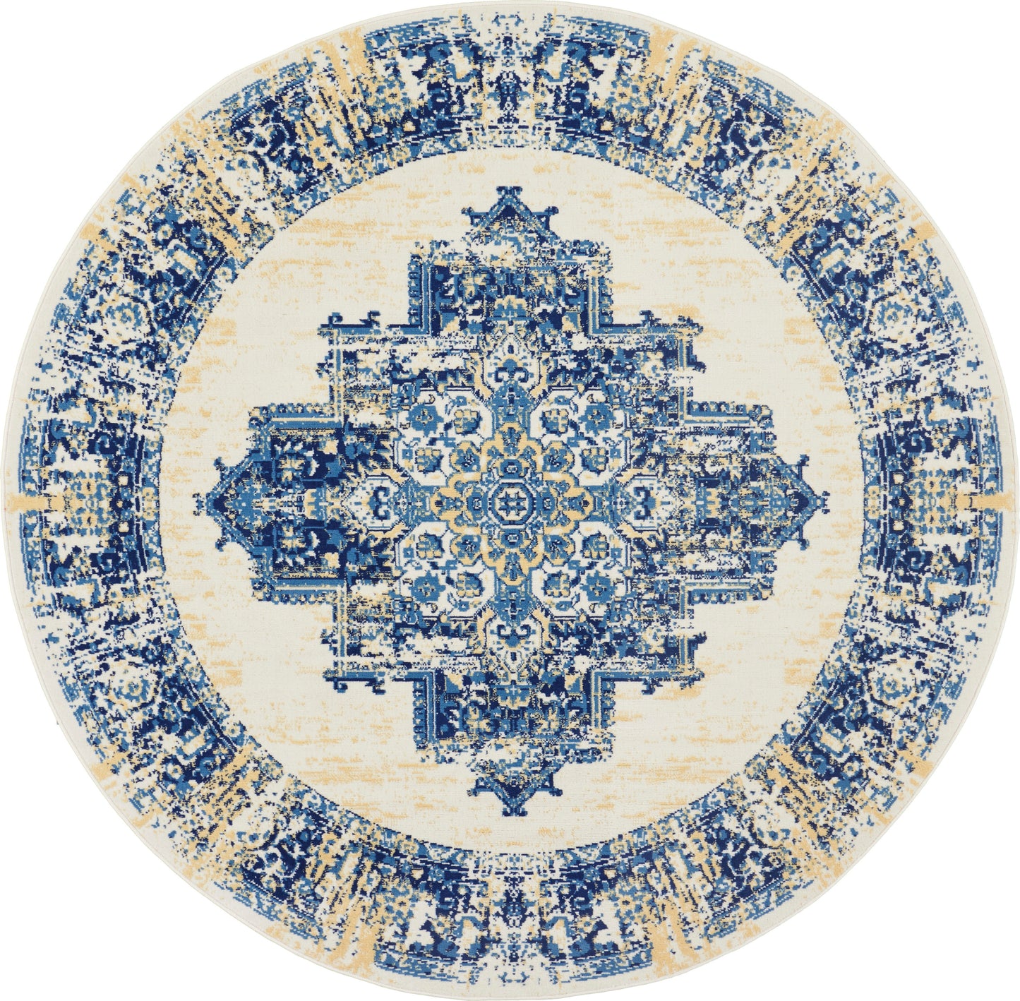 Round ivory and blue oriental rug with a detailed central medallion & ornate border.