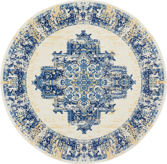 Round ivory and blue oriental rug with a detailed central medallion & ornate border.