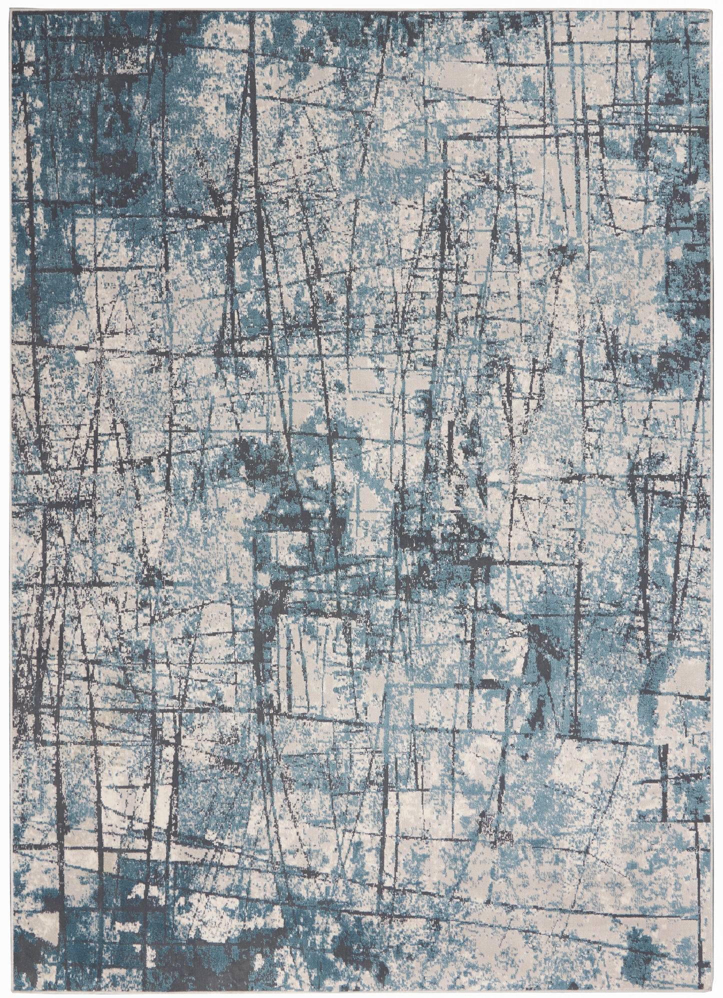 Abstract teal blue and ivory distressed area rug with intersecting grid lines.
