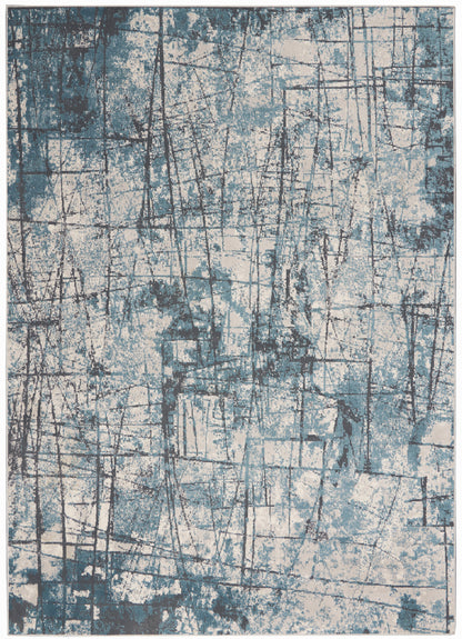 Abstract teal blue and ivory distressed area rug with intersecting grid lines.