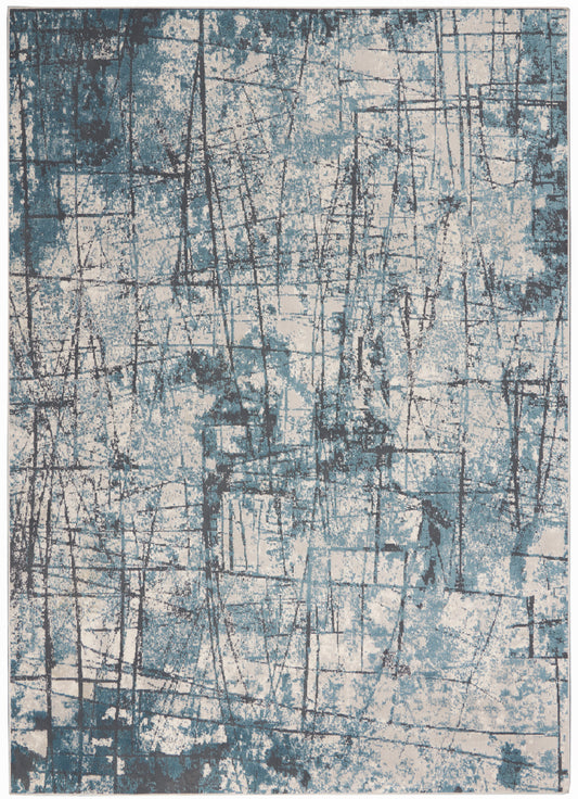 Abstract teal blue and ivory distressed area rug with intersecting grid lines.