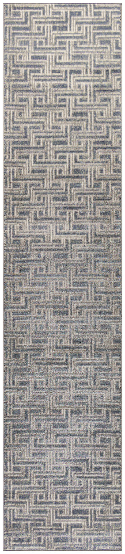 Blue-gray and ivory runner rug with a geometric maze pattern and textured woven surface.