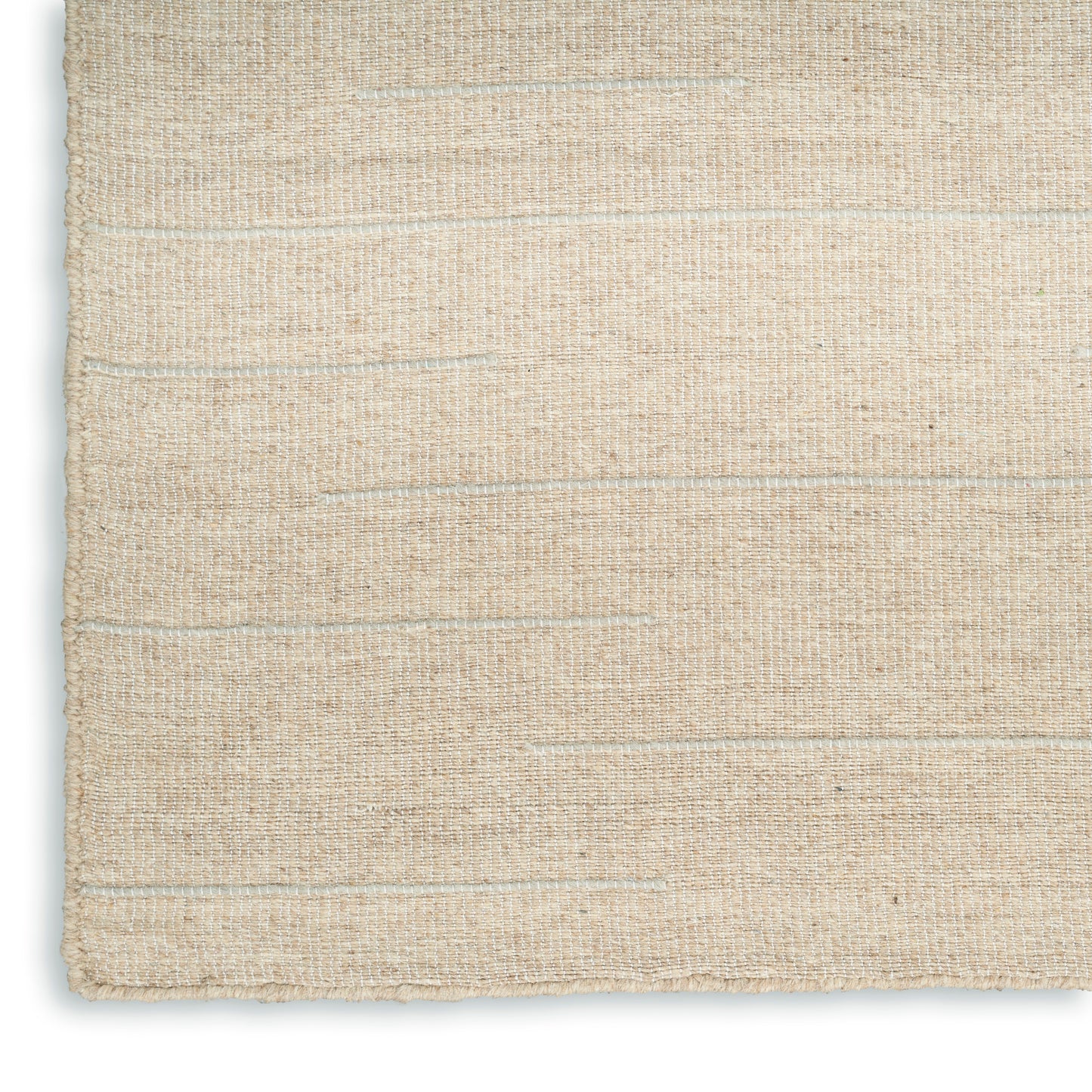 Beige natural-fiber rug with woven texture, rectangular shape and subtle horizontal stripes.