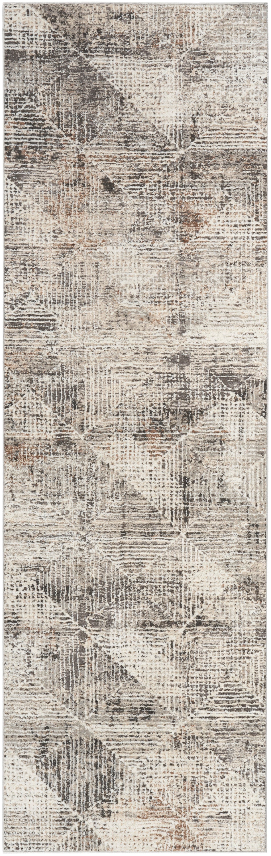 Neutral abstract runner rug with a distressed geometric pattern in beige, taupe, gray and cream.
