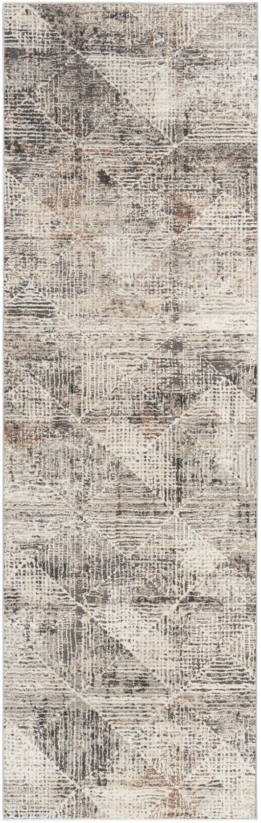 Neutral abstract runner rug with a distressed geometric pattern in beige, taupe, gray and cream.