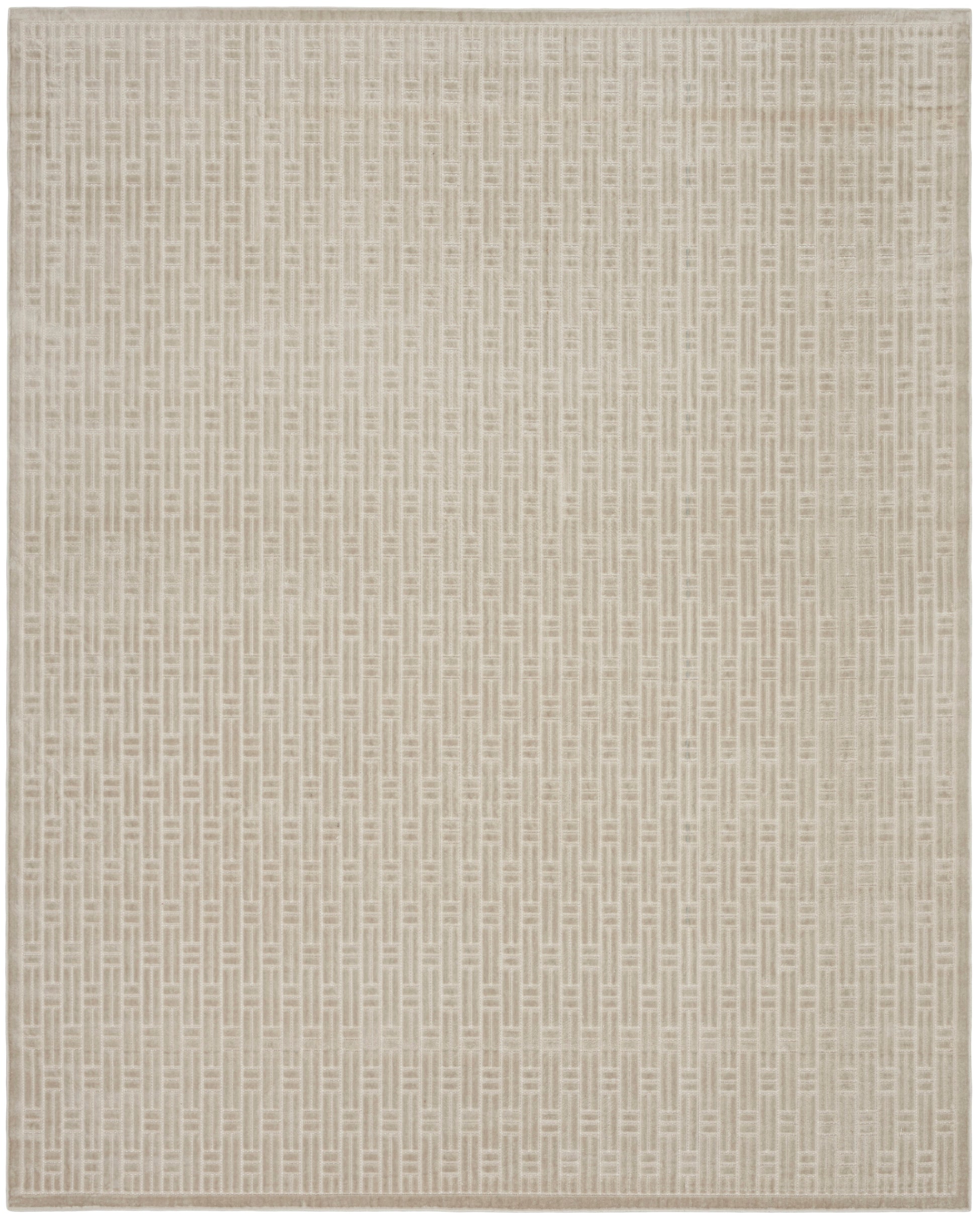Beige woven rug with a subtle vertical geometric pattern; neutral, modern floor covering for living rooms or hallways.