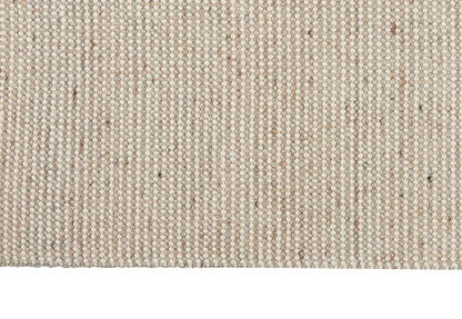 Beige striped woven rug texture with cream and taupe loop pile; flat-weave style.