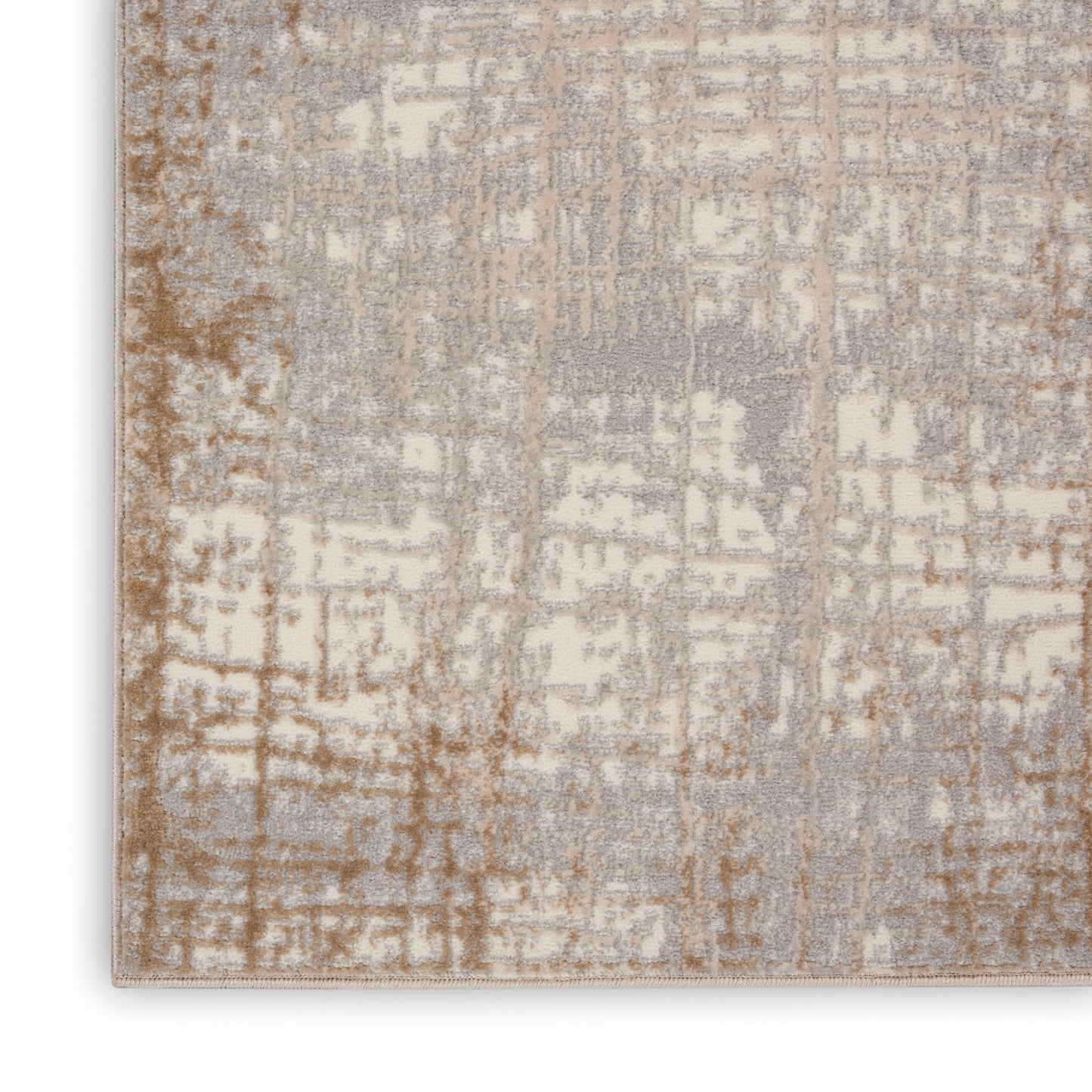 Rectangular rug in beige, taupe and ivory with a distressed abstract grid pattern and light border.