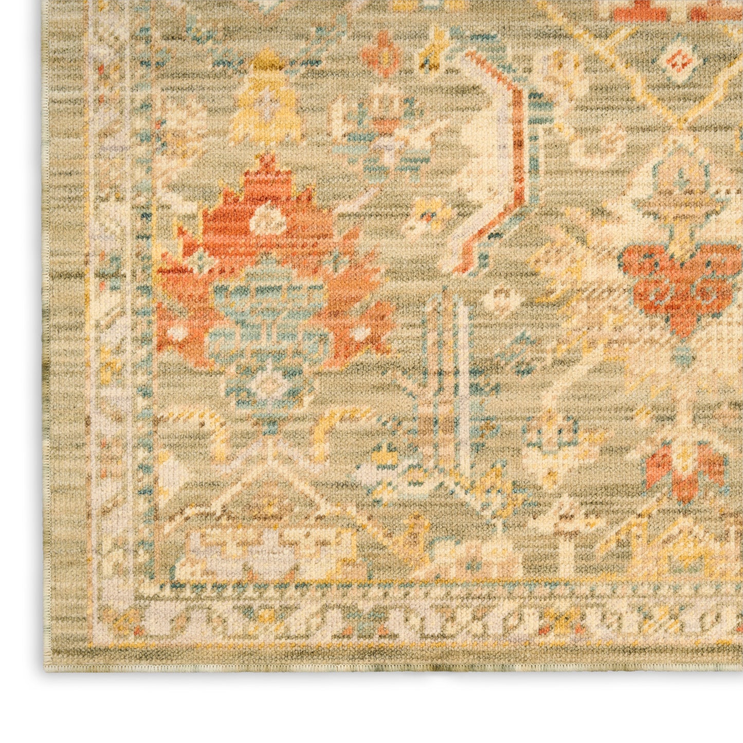 Corner of a beige oriental runner with floral motifs in pale blue, peach and rust; fringed edge.
