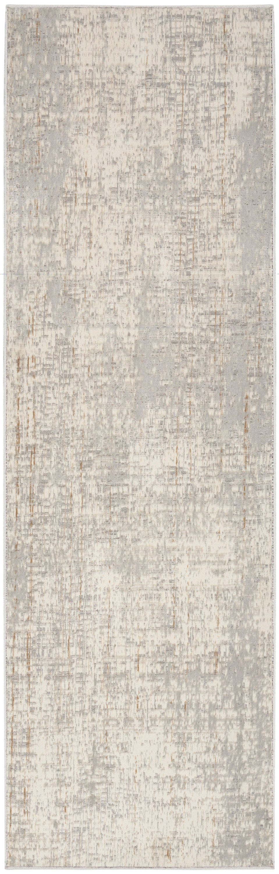 Long rectangular runner rug in soft gray and ivory with a distressed abstract pattern and subtle taupe accents.