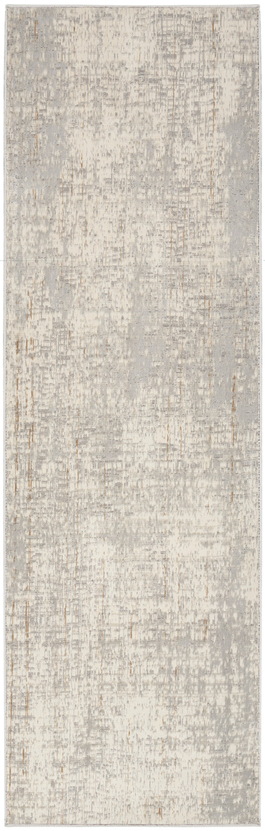 Long rectangular runner rug in soft gray and ivory with a distressed abstract pattern and subtle taupe accents.