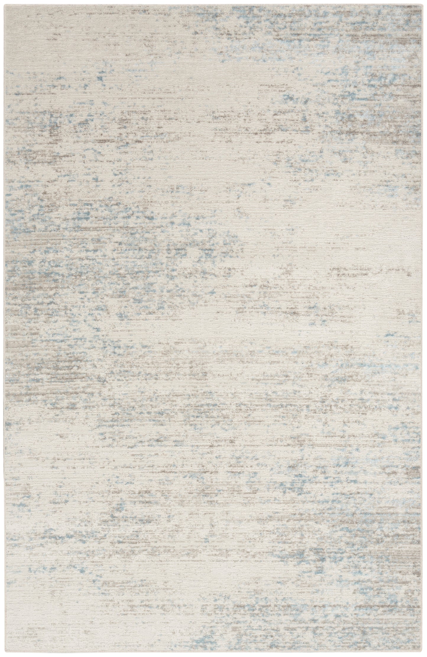 Cream-colored abstract distressed rug, 3' x 5', with pale blue-gray wash and subtle texture.