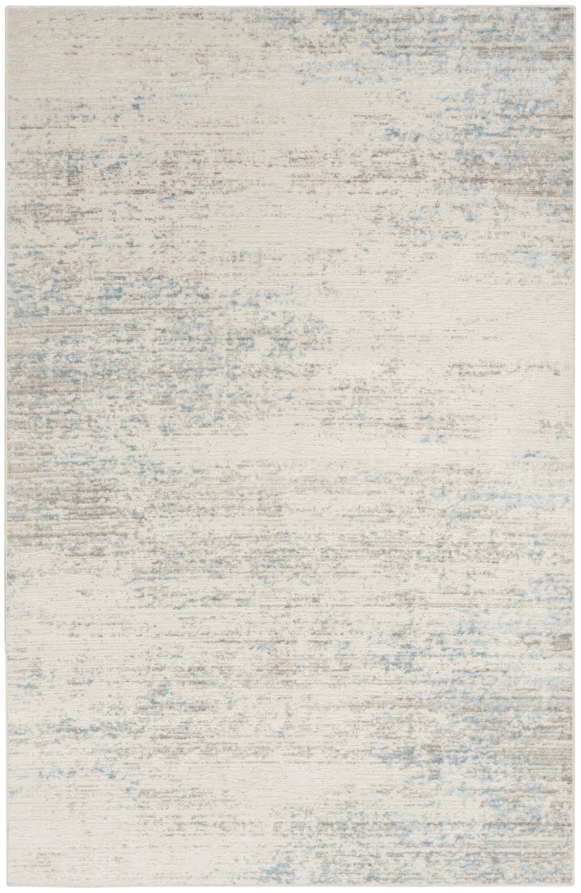 Cream-colored abstract distressed rug, 3' x 5', with pale blue-gray wash and subtle texture.