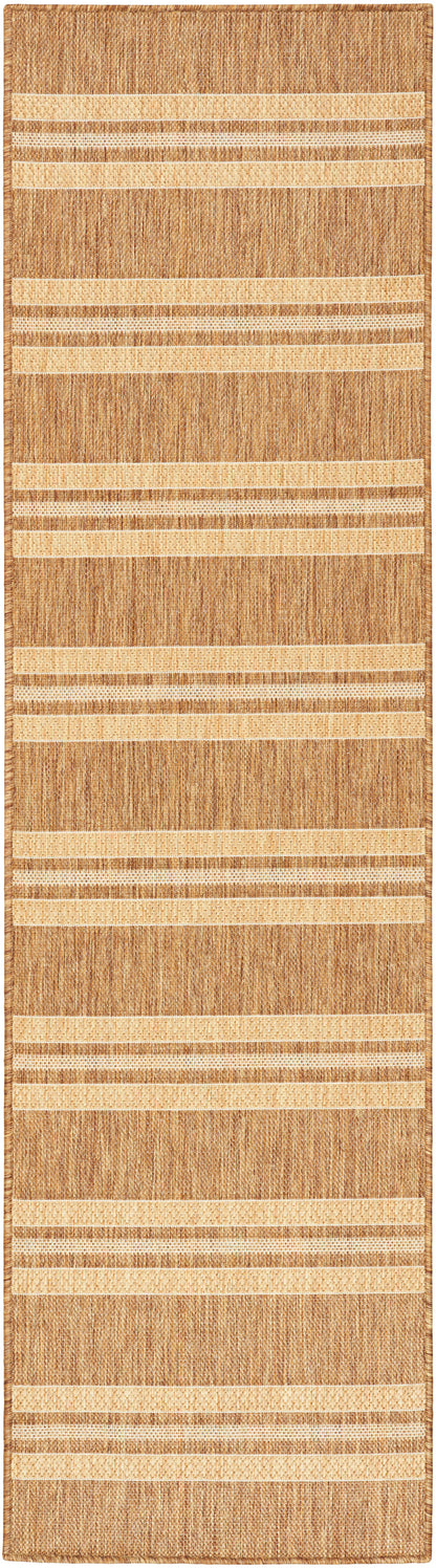 Natural fiber hallway runner rug in tan with beige striped bands; woven textured pattern.