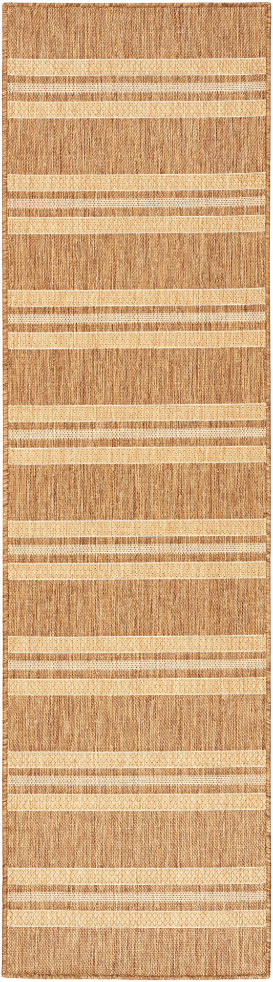 Natural fiber hallway runner rug in tan with beige striped bands; woven textured pattern.