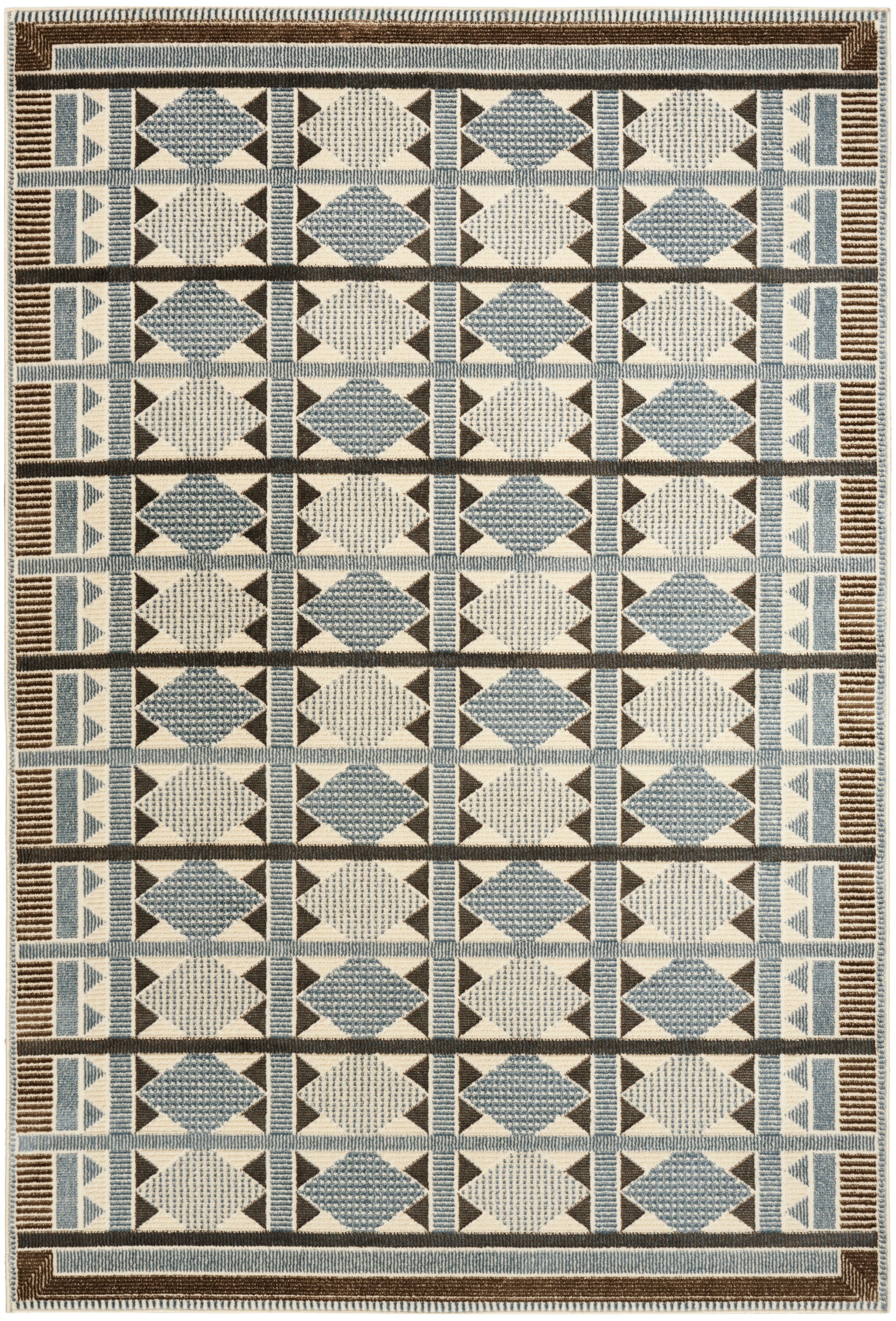 Rectangular geometric area rug with blue, cream and brown diamonds and triangles, bordered linear stripes, modern style.