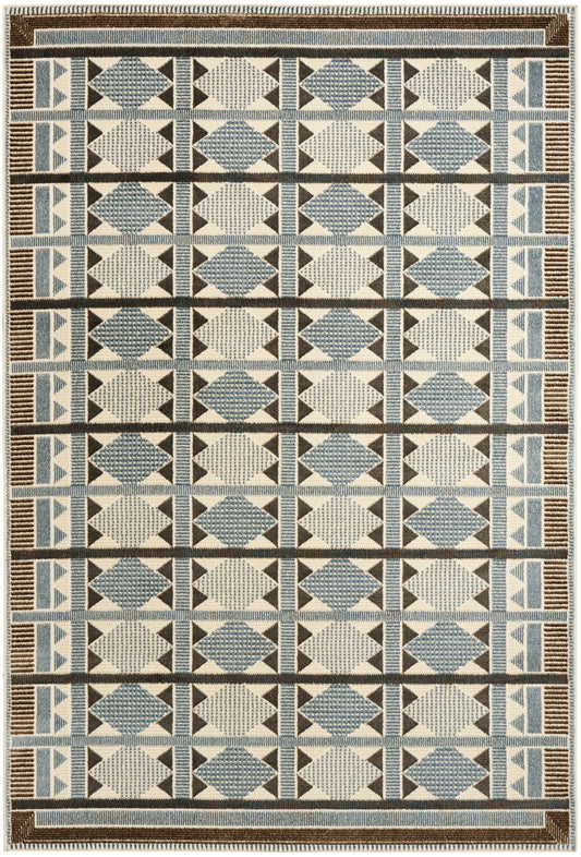 Rectangular geometric area rug with blue, cream and brown diamonds and triangles, bordered linear stripes, modern style.