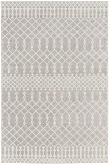 Gray woven rug with white trellis and lattice patterns for a modern, neutral living space.