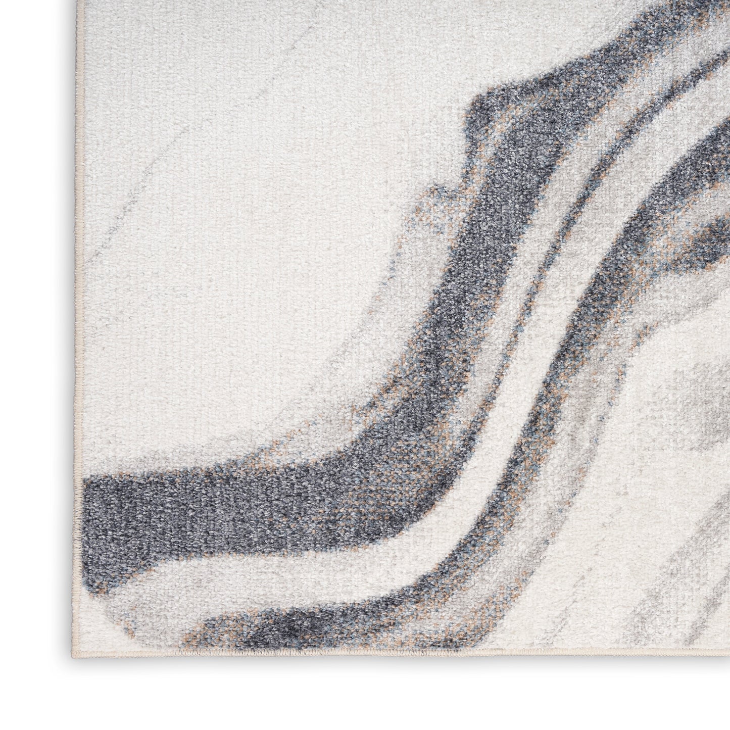 Neutral abstract woven rug with marbled gray and black waves on a cream background.