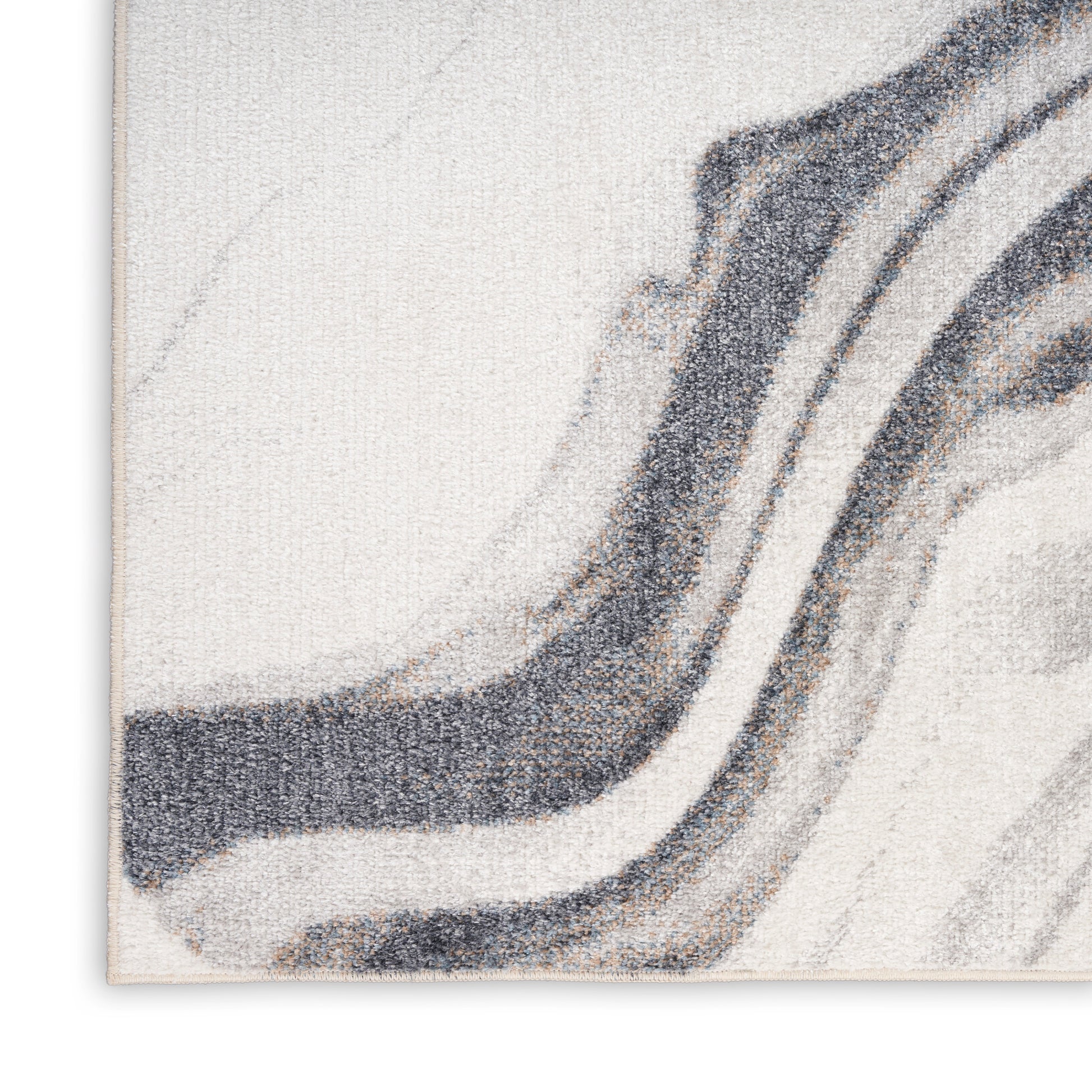 Neutral abstract woven rug with marbled gray and black waves on a cream background.