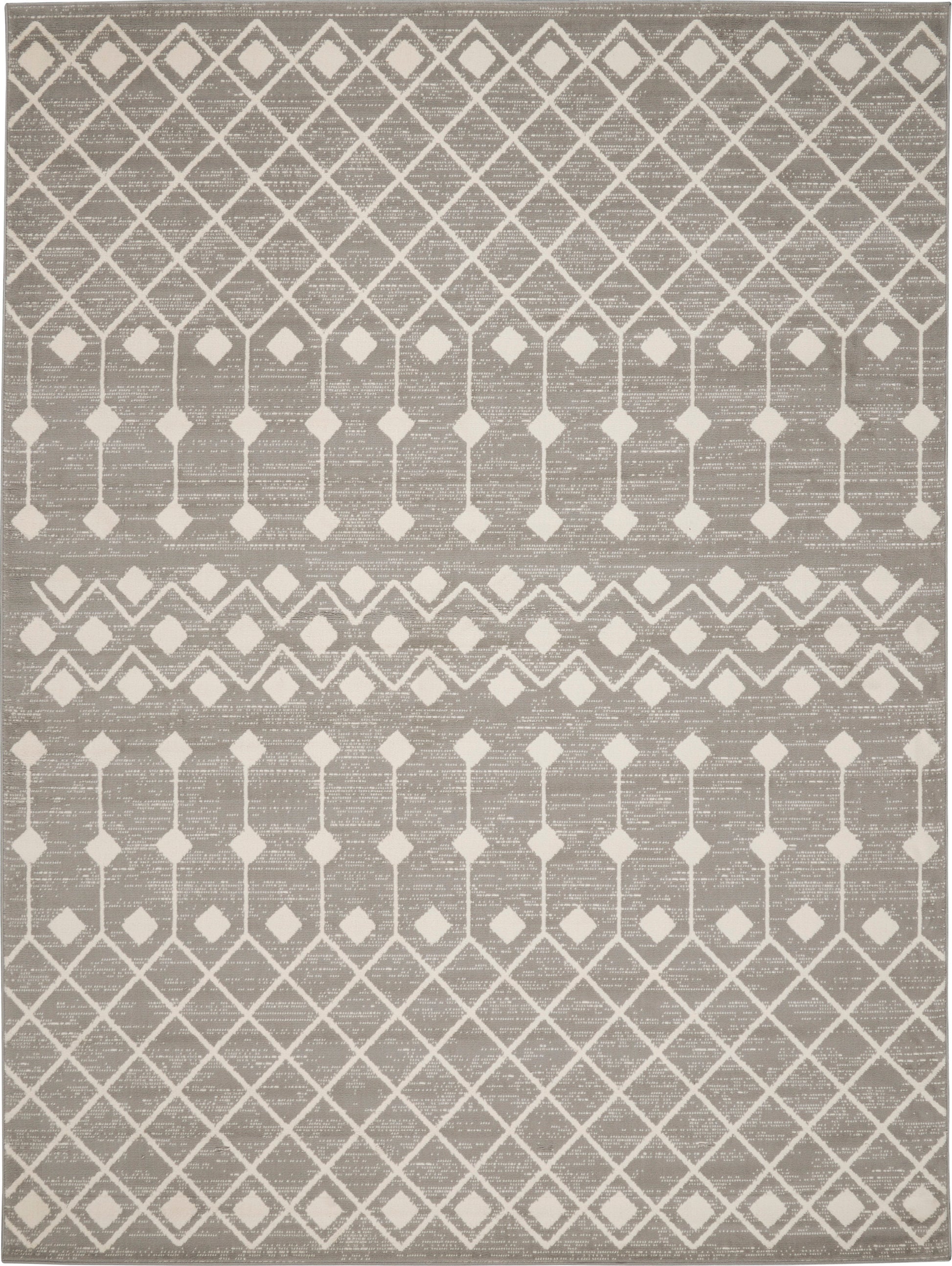 Gray and ivory geometric area rug with diamond lattice and bands, woven texture for modern living spaces.