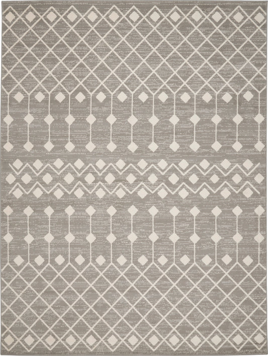 Gray and ivory geometric area rug with diamond lattice and bands, woven texture for modern living spaces.