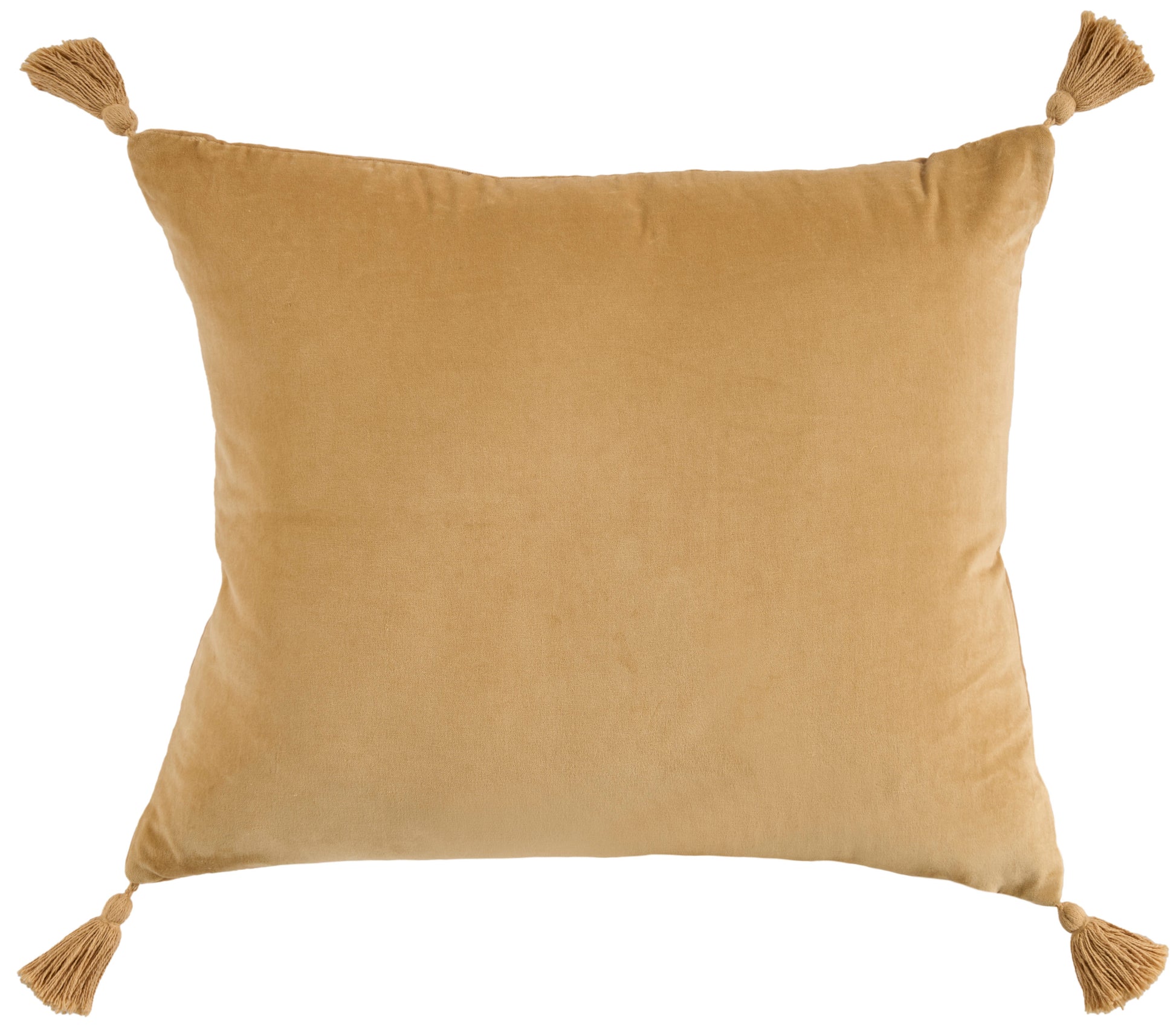 Mustard velvet rectangular throw pillow with tassels at all four corners, decorative sofa cushion.