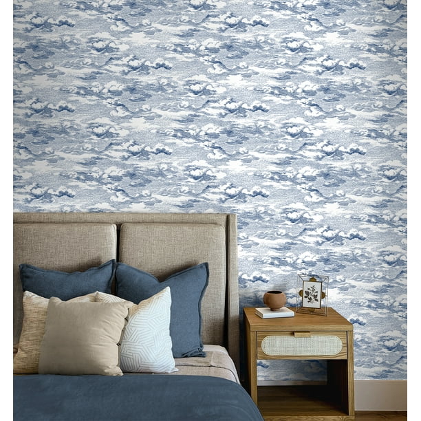 Harry & Grace Harry & Grace Peel and Stick Clouds Illustration Contemporary Blue Semi-Gloss Sidewall - HG11202