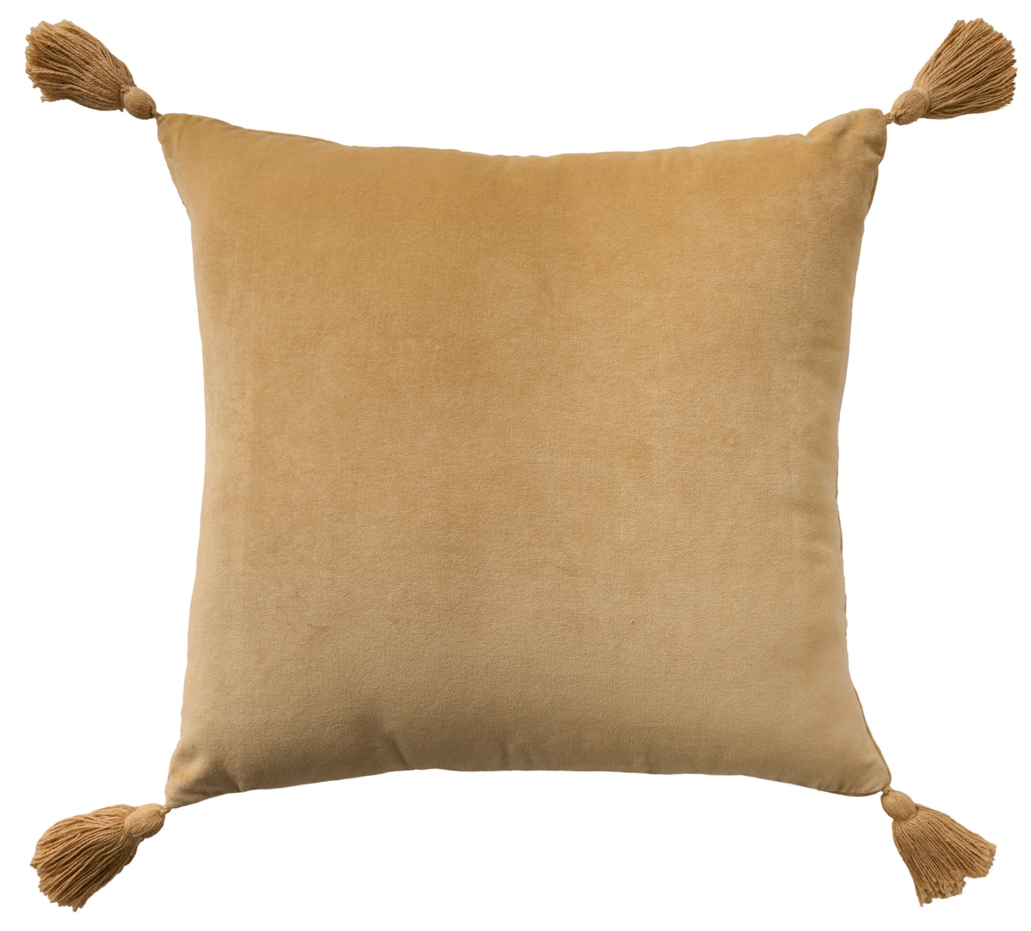 Square cream velvet throw pillow with tassels on all four corners, 19" x 19