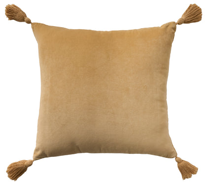 Square cream velvet throw pillow with tassels on all four corners, 19" x 19