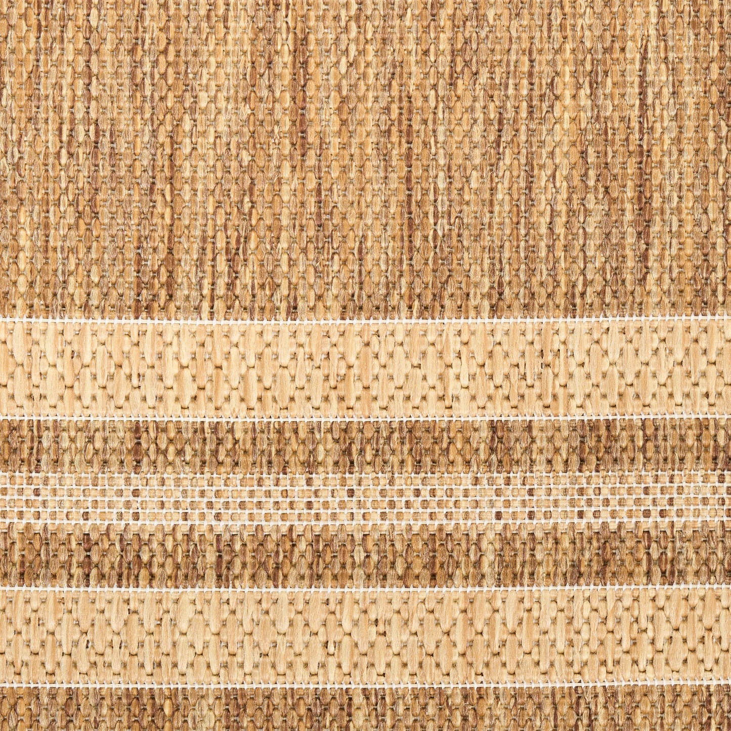 Natural jute rug with light and dark tan woven stripes and white seam accents.