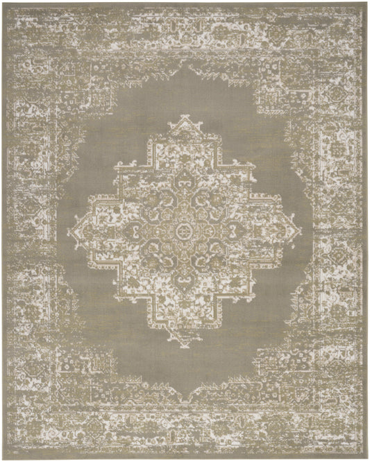 Neutral distressed oriental rug with central medallion in beige-gray tones; rectangular, classic living room accent.