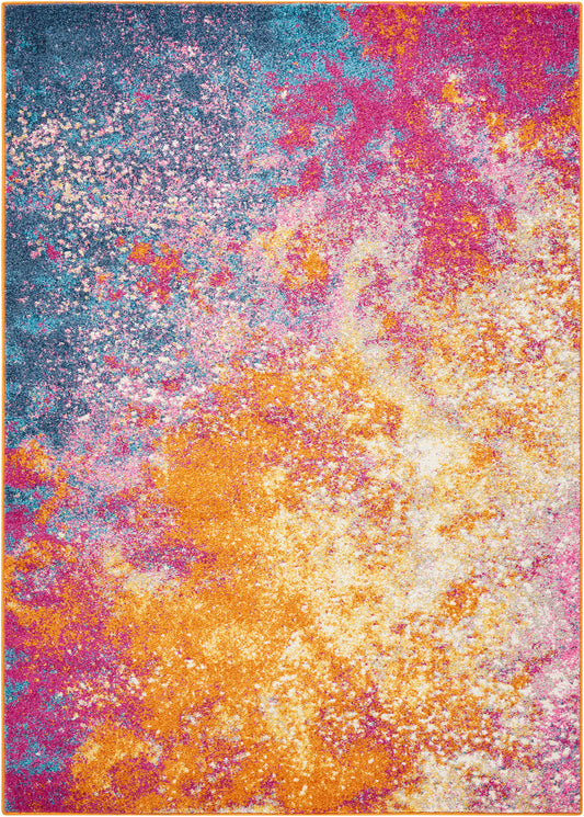 Abstract multicolor area rug with blue, teal, pink, orange and gold splashes; contemporary decorative rug.