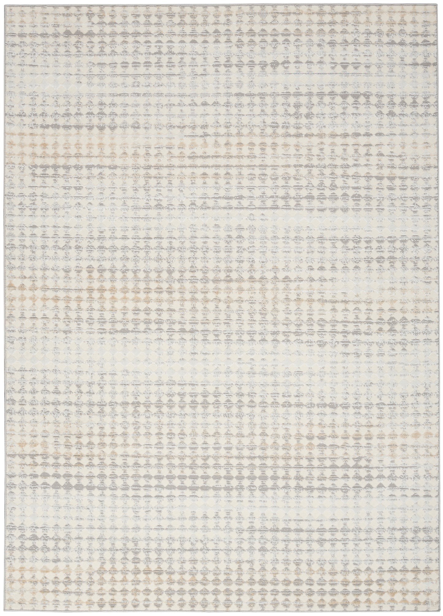 Neutral-toned area rug with a subtle geometric diamond-dot pattern in cream, gray and tan.