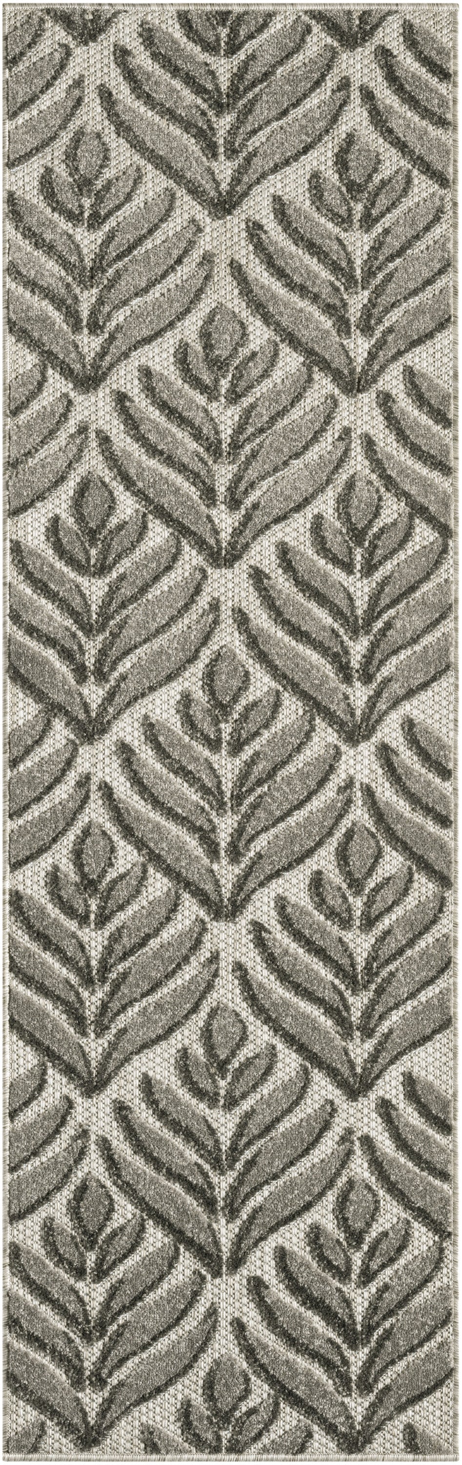 Grey & beige woven outdoor rug runner with a repeating botanical leaf pattern and a textured surface.