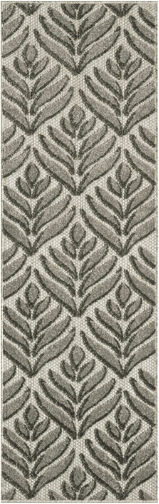Grey & beige woven outdoor rug runner with a repeating botanical leaf pattern and a textured surface.