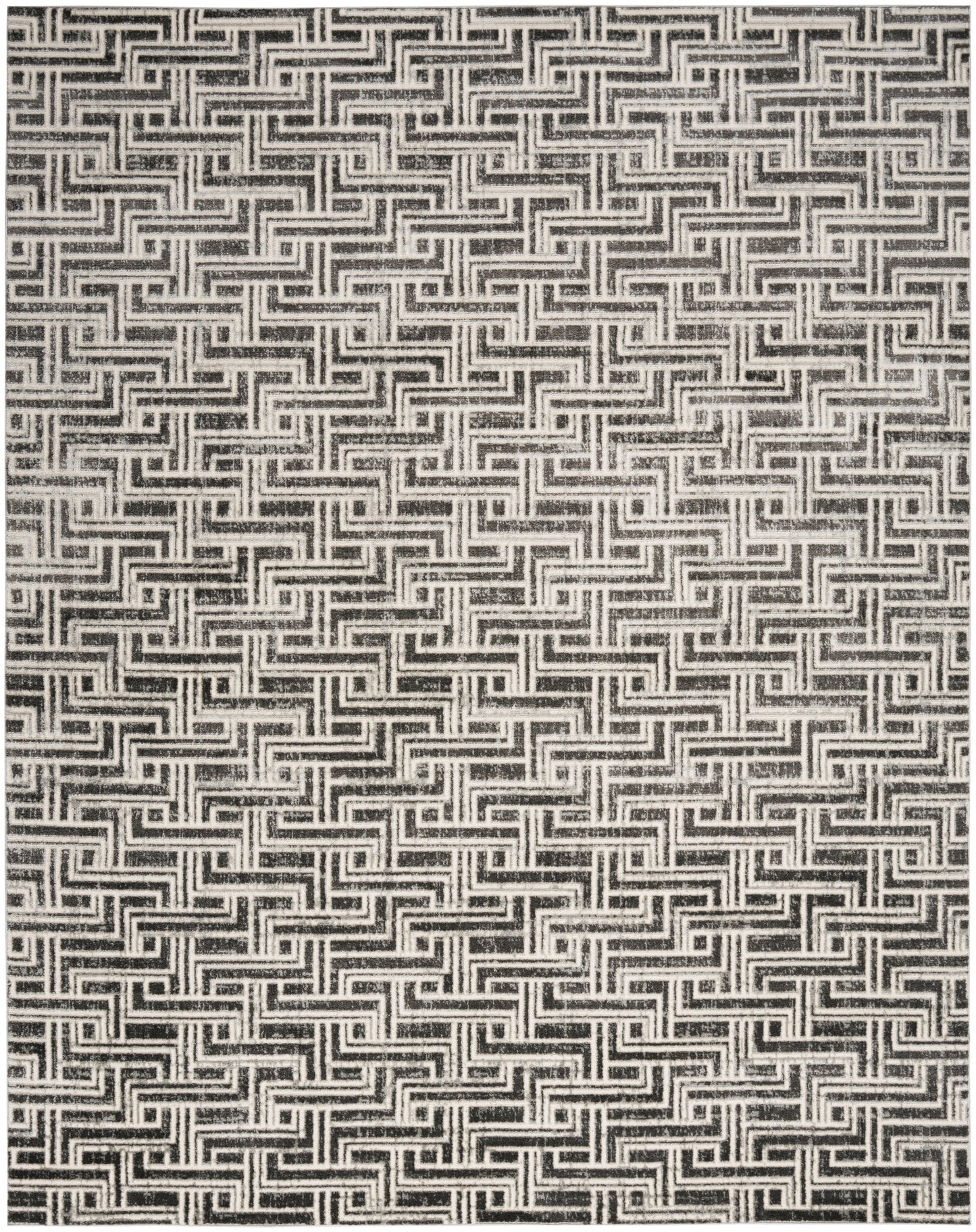 Black on cream Greek-key meander pattern; interlocking rectangular motif on textile texture.