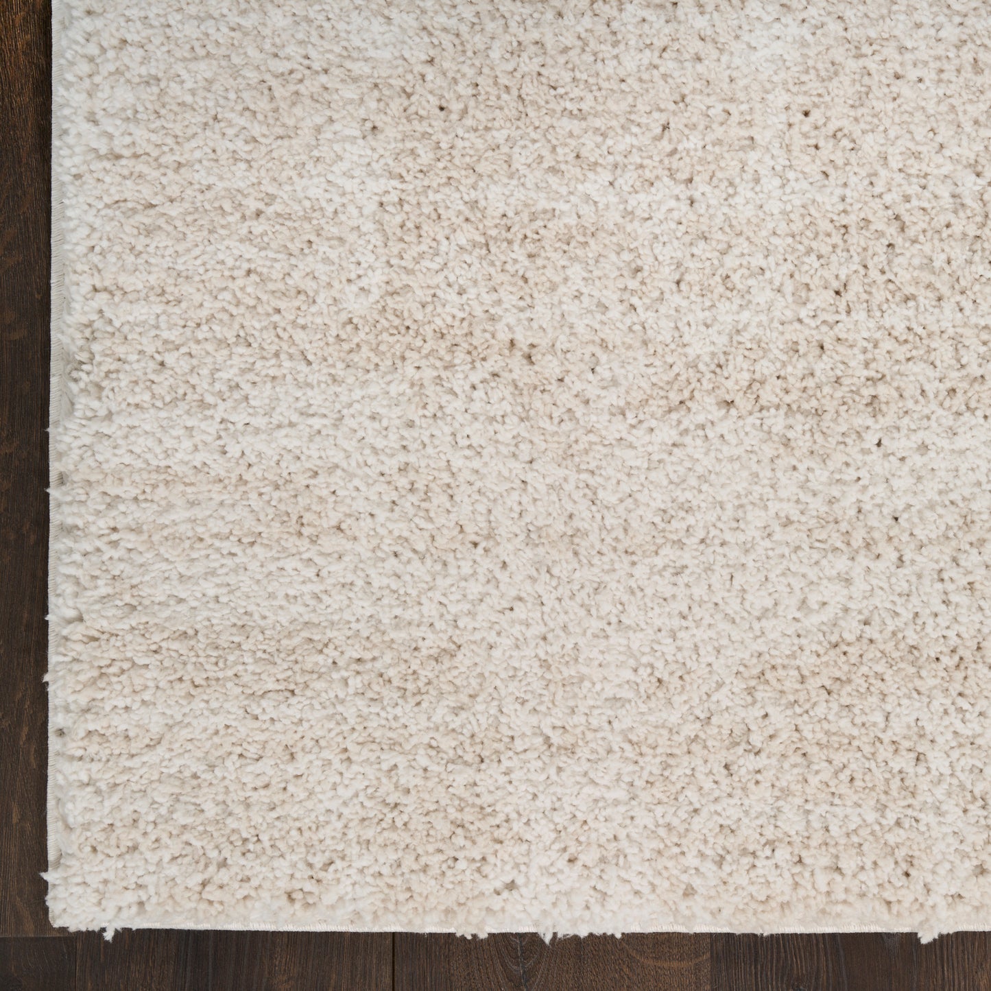 Cream shag rug with plush high pile on dark wood floor; rectangular & cozy for living rooms.
